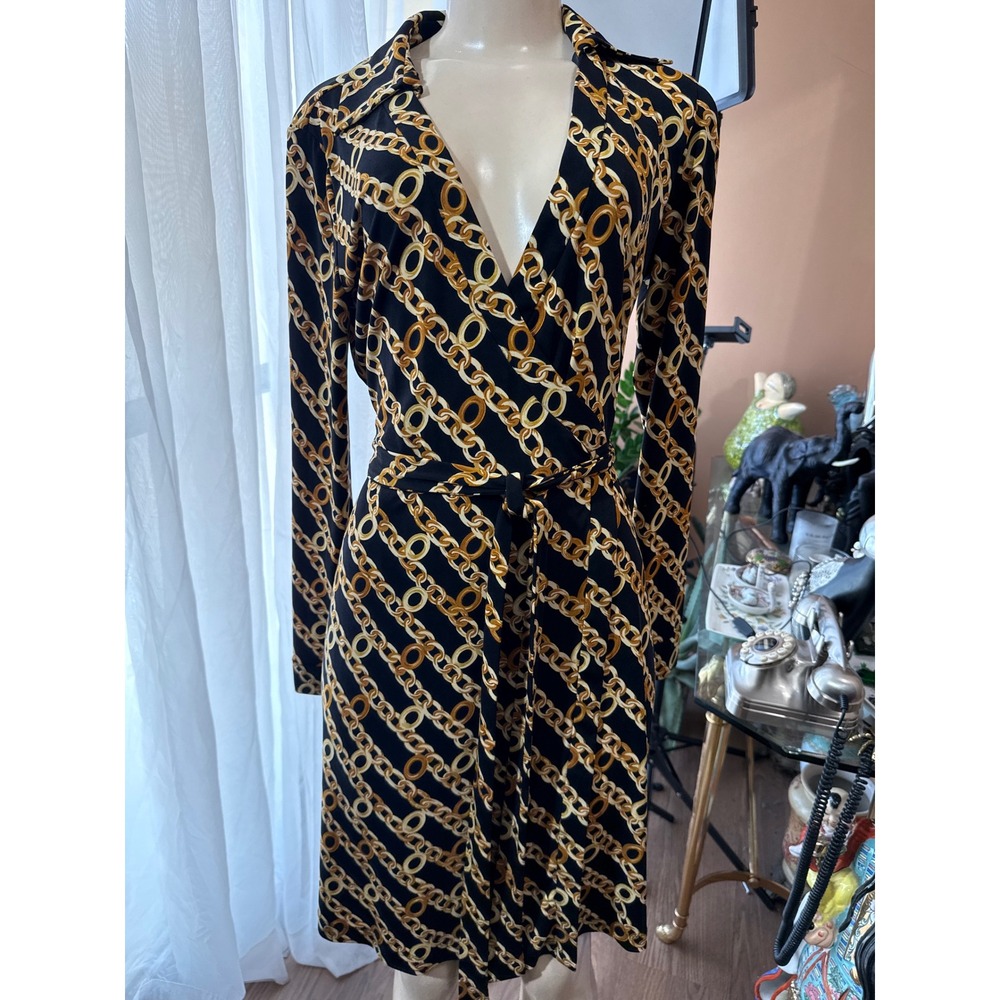 Calvin Klein Black Gold Chain Link Print Long Sleeve Wrap Dress Knee Length